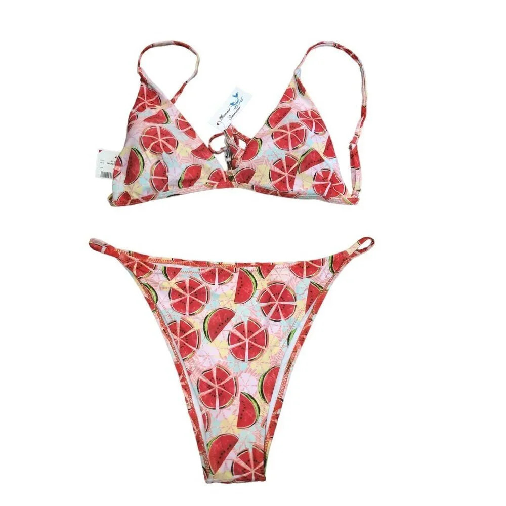 MERMAID SWIMWEAR Sz 2X Women's Watermelon 2pc High Cut Padded String Bikini NWT